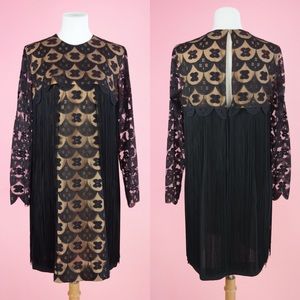🍸 Vintage 60s Party Dress Fringe Mod Black Lace ✨